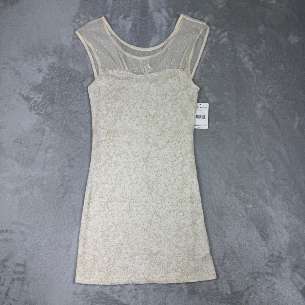 Free People Sheer Mesh Yoke Floral Knit Mini Dress Womens Size S Antique NEW